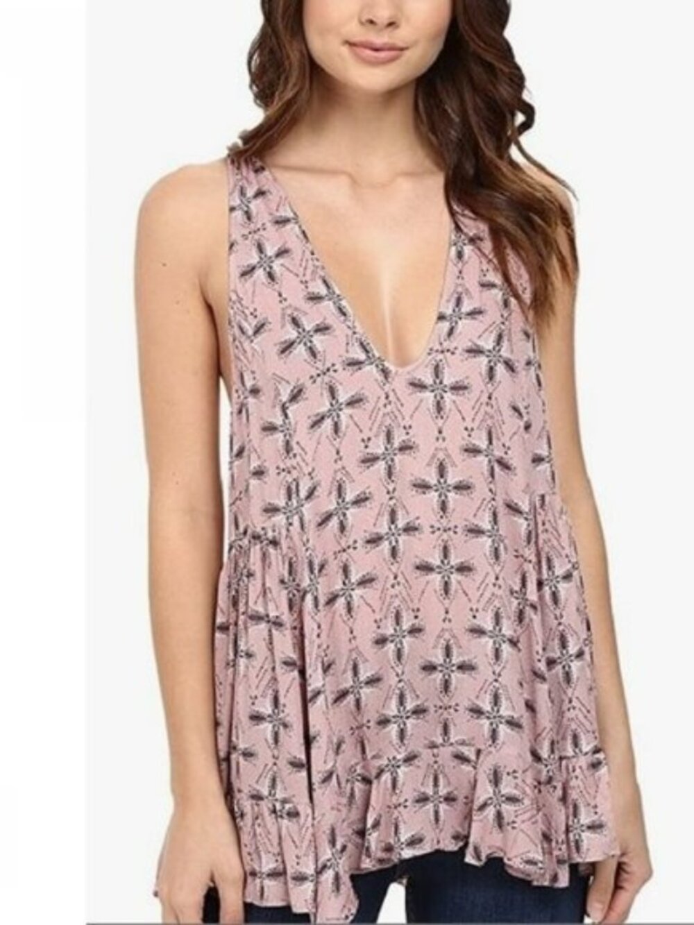 Free People | Pink Combo Printed Drop Waist Racerback Top | Size Medium